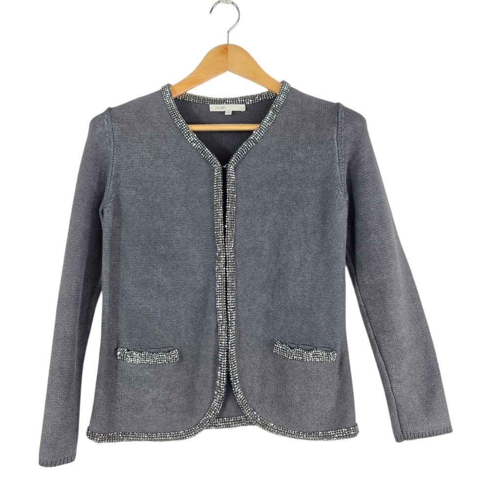Maje Knit linen and cotton with rhinestones/ beaded trim cardigan